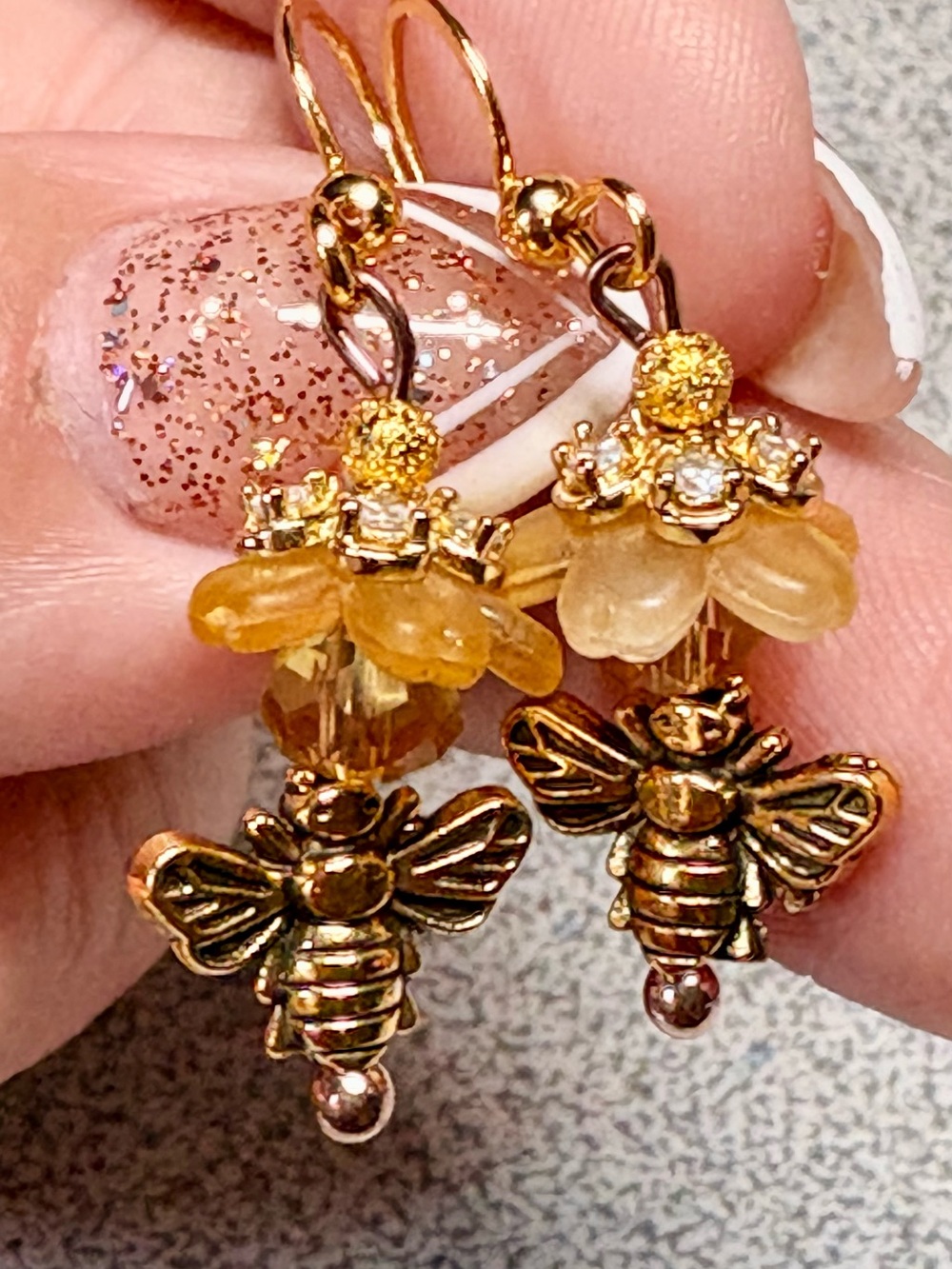 Gold Bee Charm Earrings with sunny yellow 
Beads